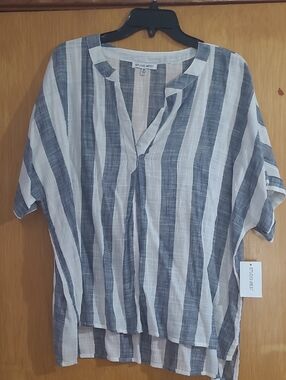 Studio West Navy and White Striped V-Neck Tunic
